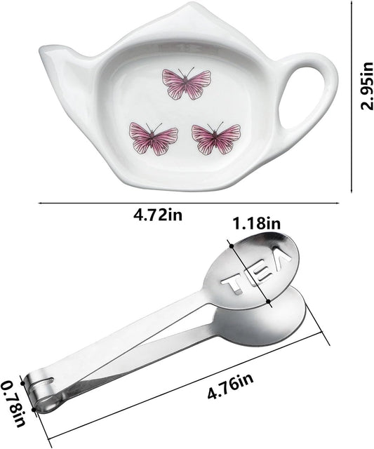 Coaster Set of 6 White Ceramic Tea Bag Holder and Stainless Steel Tea Bag Squeezer (style1)