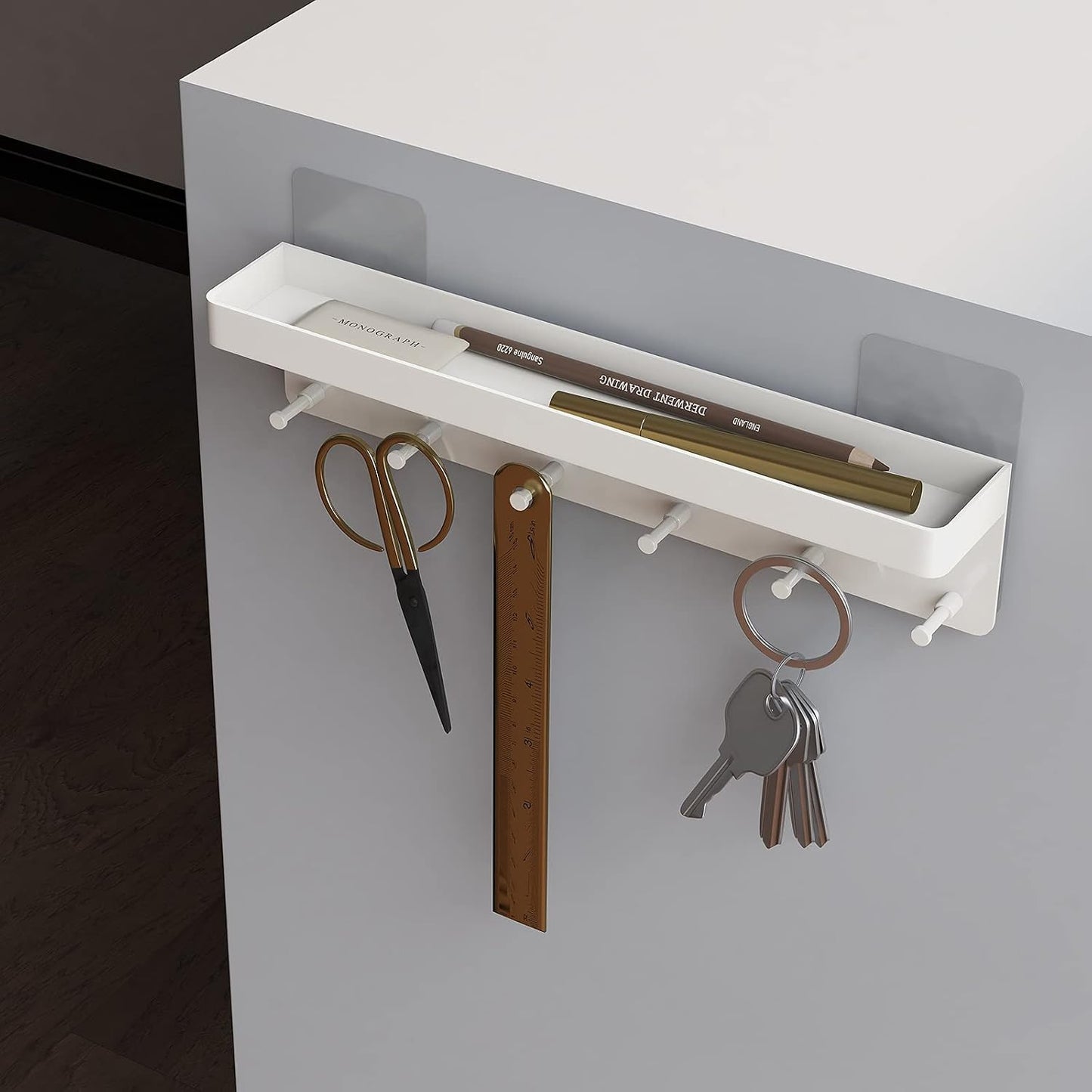 MKO Key Holder Wall Mount, Key Holder Wall Mount Adhesive with Mail Organizer Tray with 6 Key Hooks for Wall, Black | Metal Material, Key Rack with Shelf, Mail Organizer Tray for Entryway, Hallway, Living Room