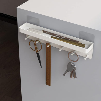 MKO Key Holder Wall Mount, Key Holder Wall Mount Adhesive with Mail Organizer Tray with 6 Key Hooks for Wall, Black | Metal Material, Key Rack with Shelf, Mail Organizer Tray for Entryway, Hallway, Living Room