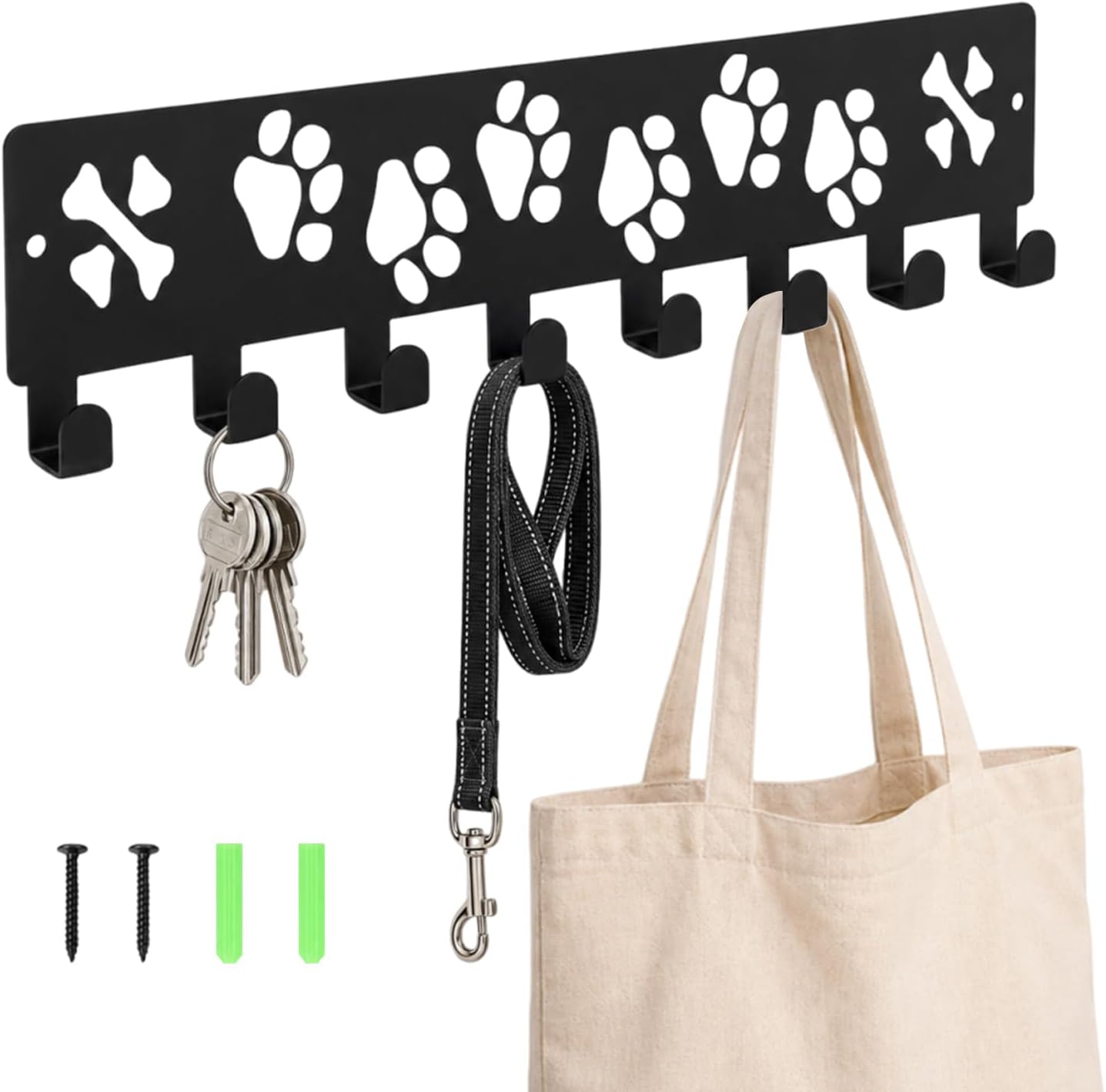 Key Holder Wall Mount & Dog Leash Holder, 8 Hooks 11.81'' × 2.76'' Dog Paws with Dones Design Wall Organizer, Metal Key Rack with Screw Anchors for Entryway, Farmhouse, Kitchen
