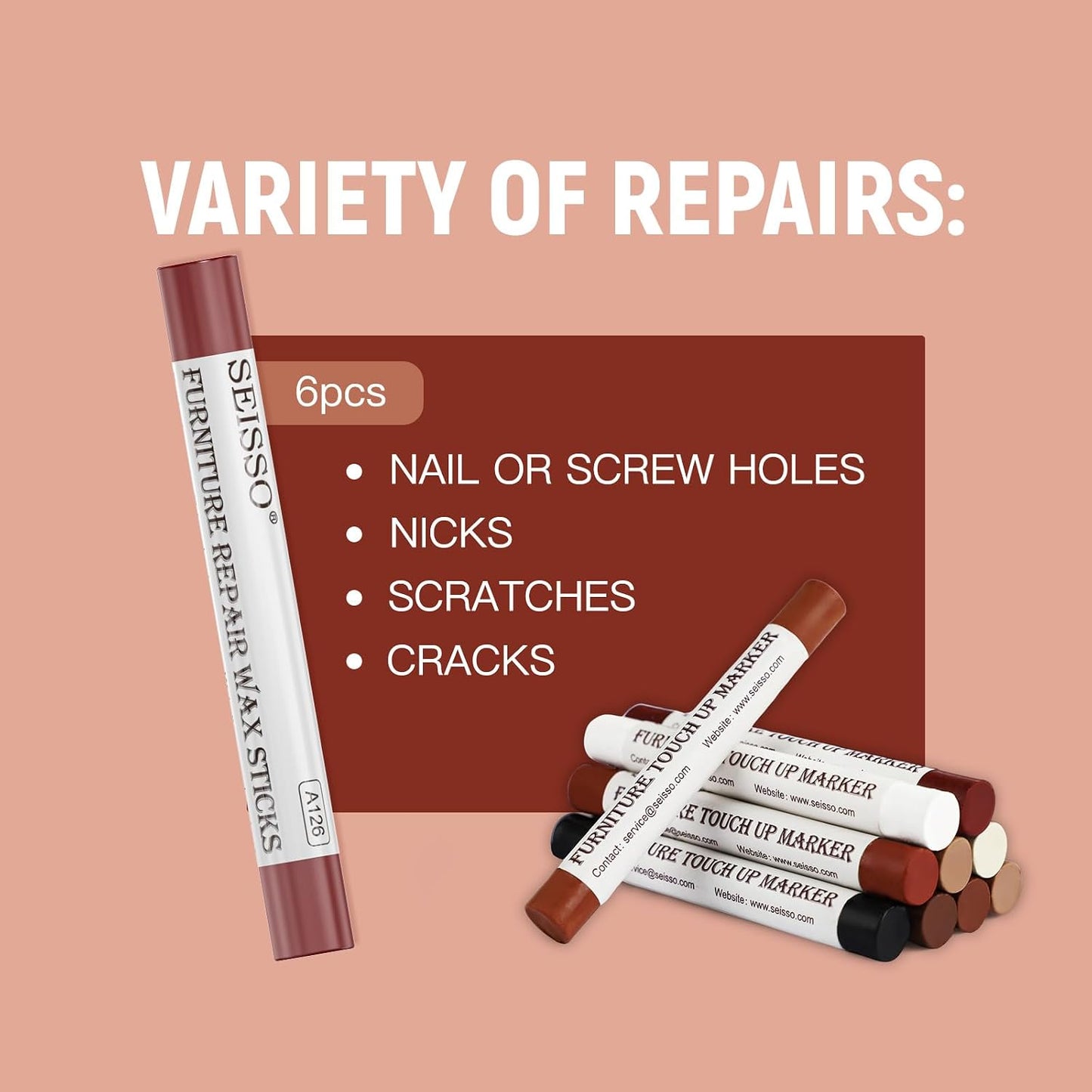 Furniture Repair kit, Wood Scratch Cover Markers*6 and Wax Filler Sticks*6 with Sharpener- 13Pack, Furniture Markers Touch Up Kit for Cover Ups Wooden Floors, Tables, Desks, Carpenters, Stains, Holes