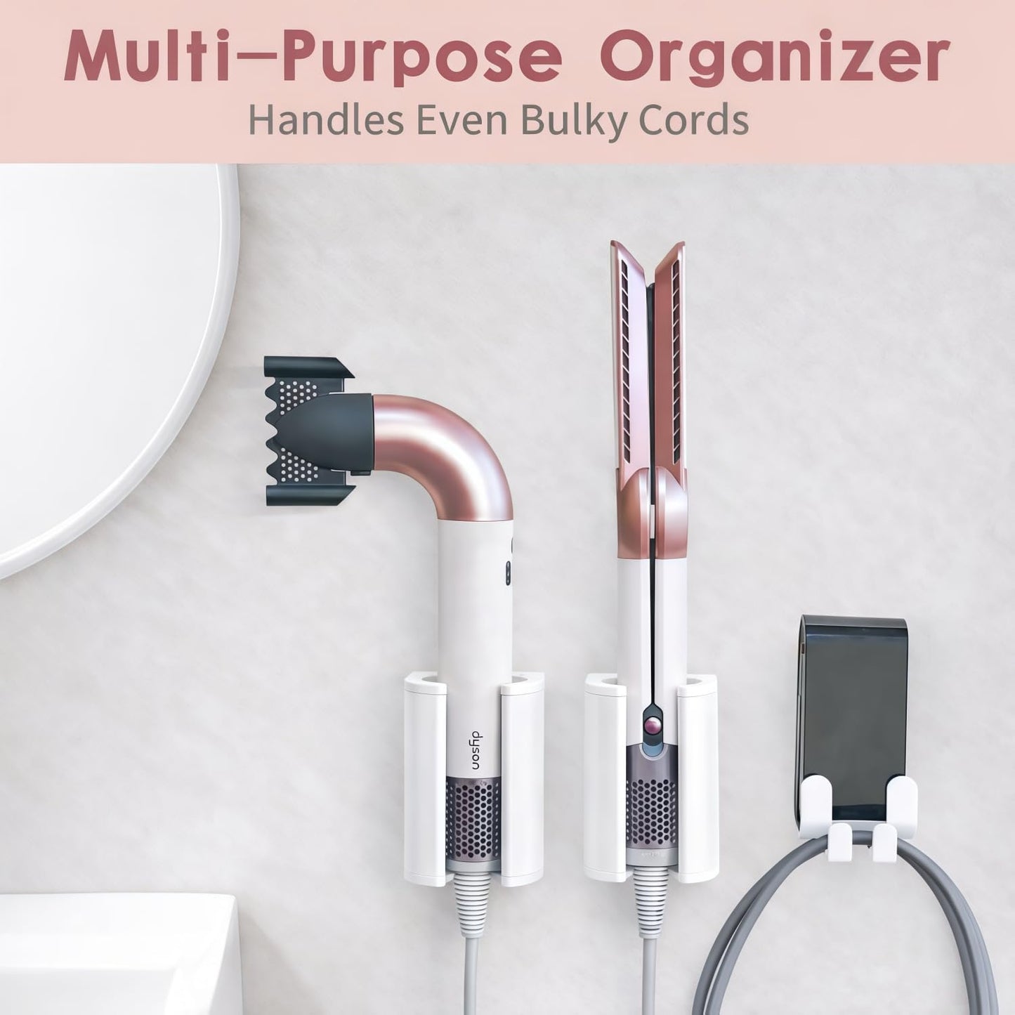 Hot Tools Organizer, Hair Tool Organizer Wall Mount Aluminum Alloy, Space-Saving Curling Iron Holder for Vanity & Bathroom with Stainless Steel Cups White CHOCHOYAH