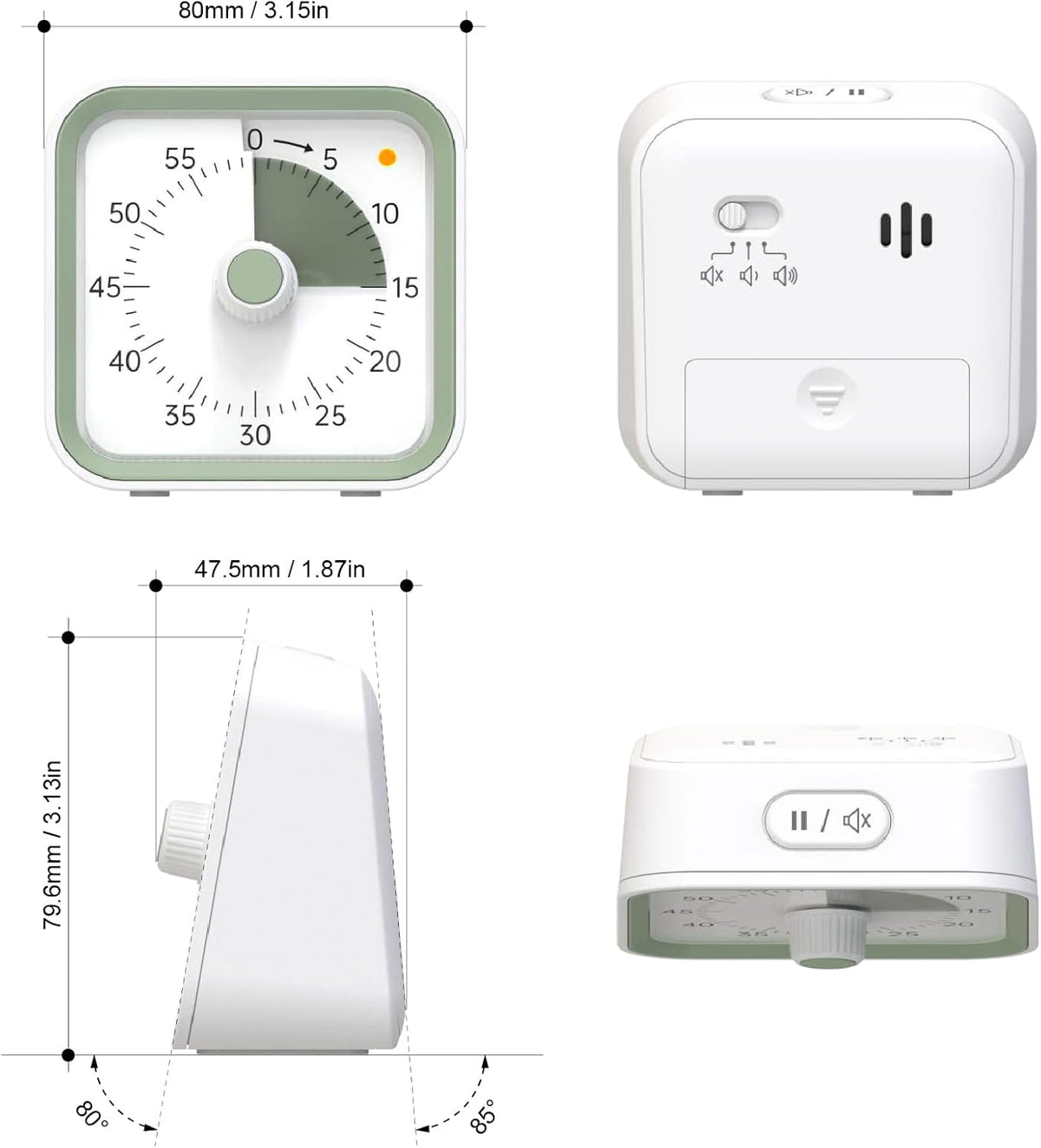 Visual Timer for Kids, Countdown Timer with Pause Function, White