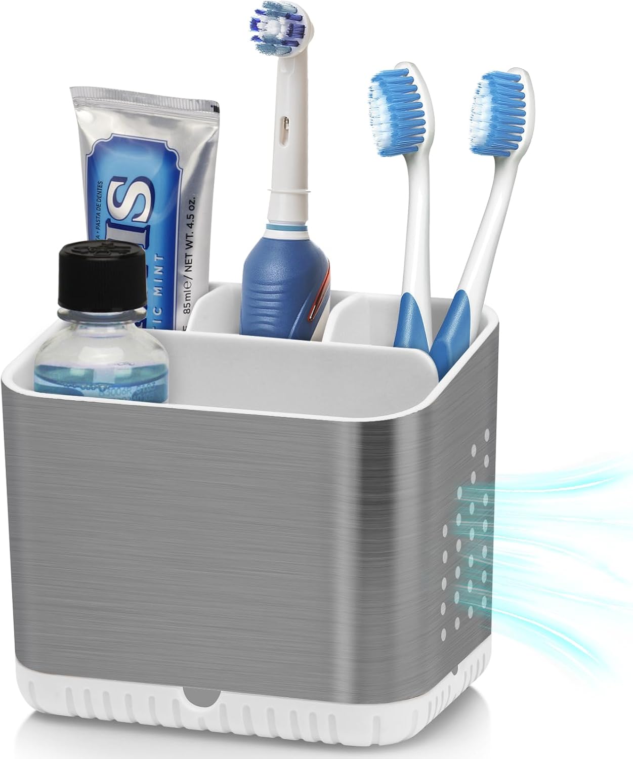 Bathroom Toothbrush Holders, Toothbrush and Toothpaste Holder (Wood Grain) | Easy To Clean, Drainage, Removable, Non-Slip, 4 Slots Tooth Brush Holder for Bathroom Countertop Organizer