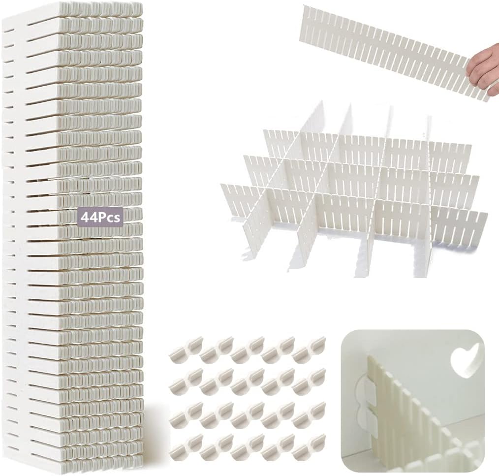 44Pcs Drawer Dividers with Fixing Buckle, Adjustable Drawer Organizer Storage Separator for Clothes, Cutlery, Socks, Underwear, Makeup, Dresser, Kitchen, Bedroom, Office, Bathroom, 14.5 * 2.75in