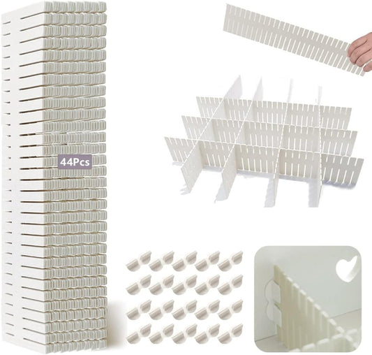44Pcs Drawer Dividers with Fixing Buckle, Adjustable Drawer Organizer Storage Separator for Clothes, Cutlery, Socks, Underwear, Makeup, Dresser, Kitchen, Bedroom, Office, Bathroom, 14.5 * 2.75in