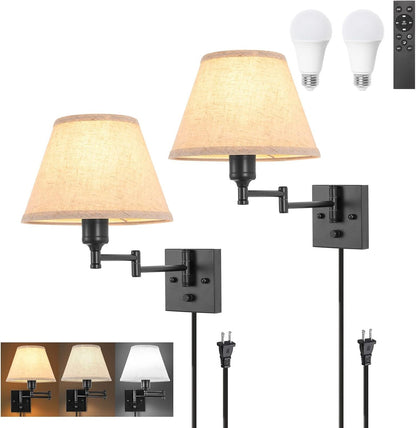 TRLIFE Wall Sconce Plug in, Dimmable Wall Sconces Set of Two Swing Arm Wall Lights with Plug in Cord and On/Off Dimmer Rotary Switch, 9.4" Medium Beige Fabric Shade(2 Pack, 2 Bulbs)