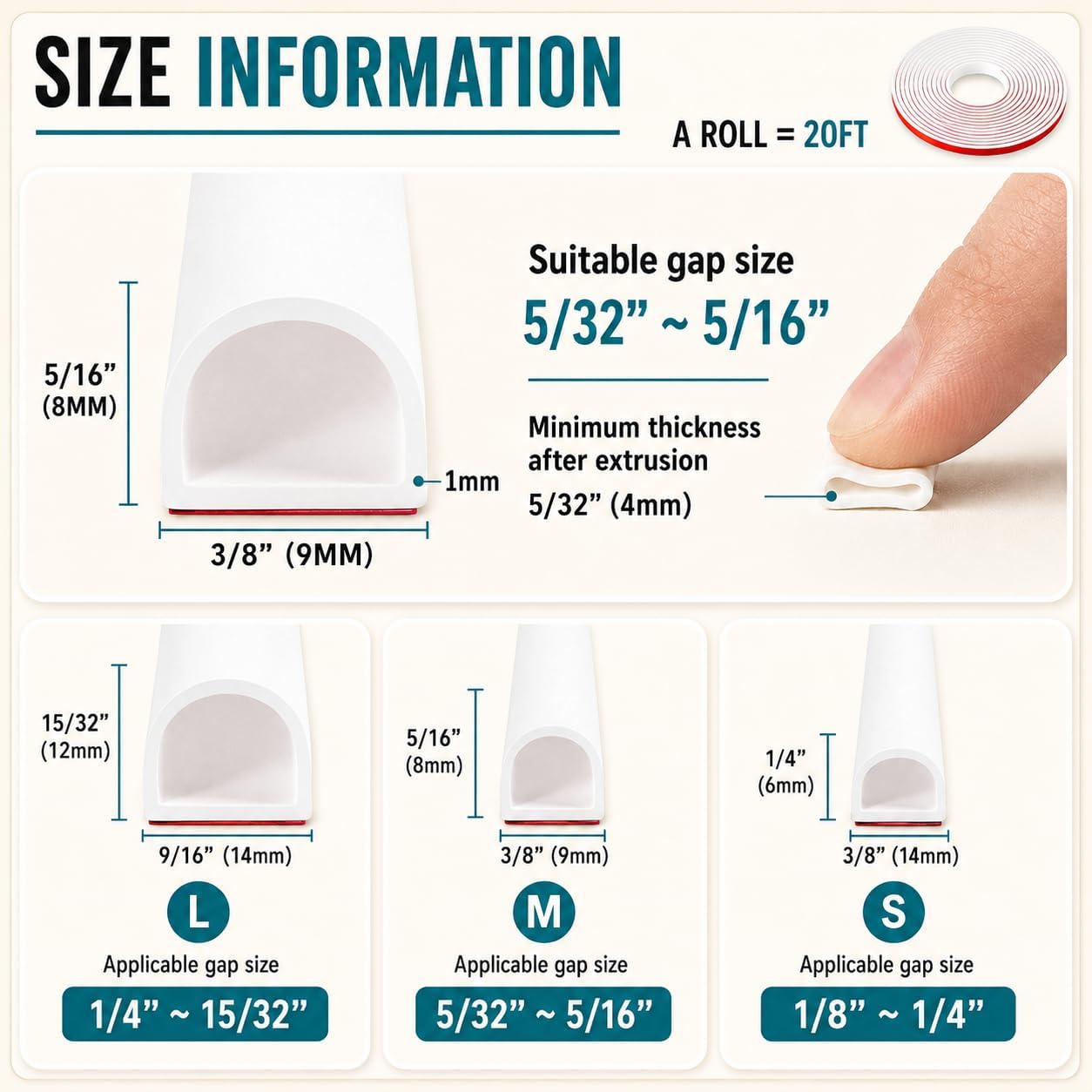 20FT Weather Stripping Door Seal, Self-Adhesive Silicone D-Shaped Seal Strip for Door Frame & Window Gaps, Soundproof Insulation Gap Filler