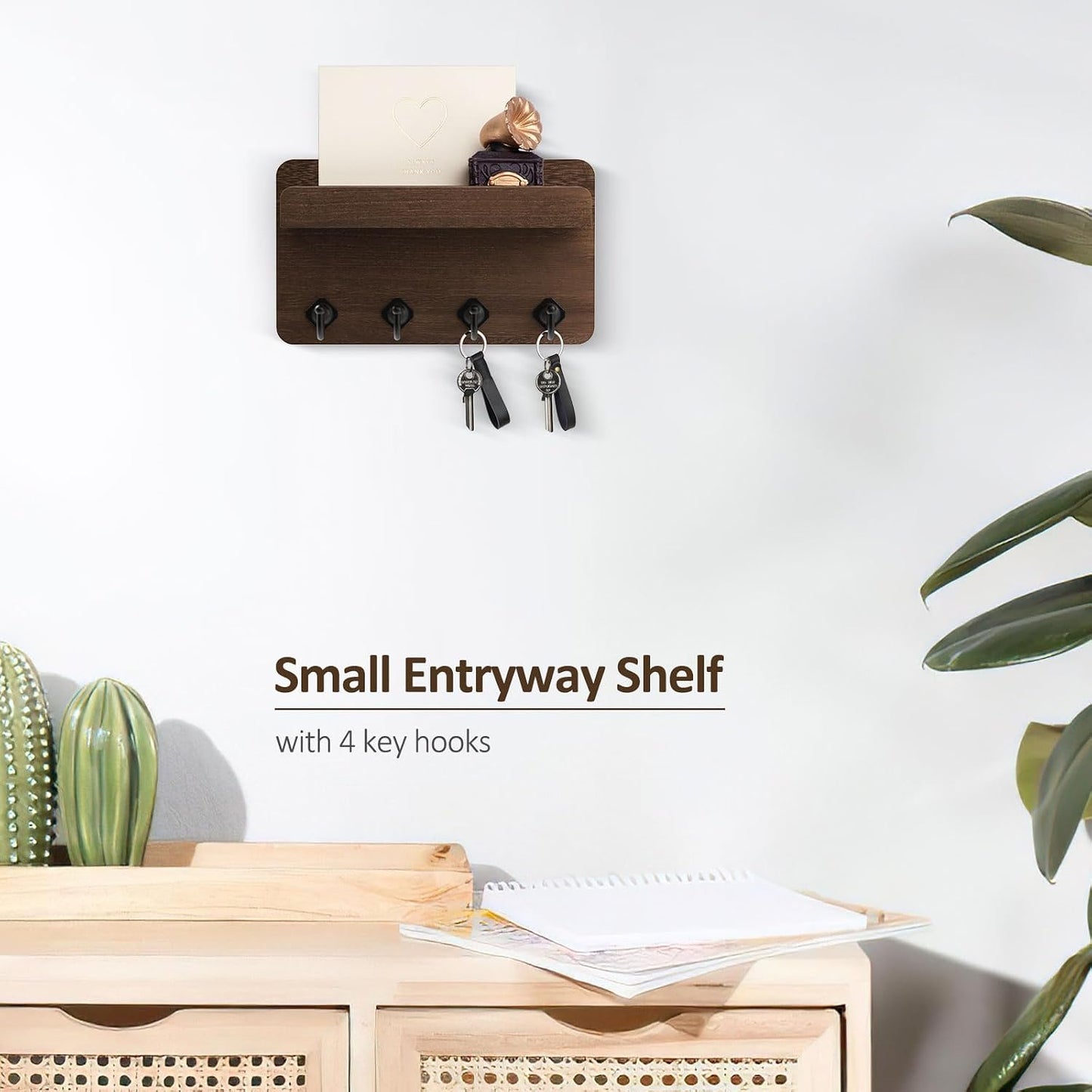 Nekon Key Holder Wall Mount, 8.5 Inch Small Wooden Wall Organizer, Black | Rustic Wall Shelf, Farmhouse Key and Mail Holder for Living Room Entryway Kitchen