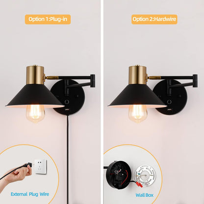 Swing Arm Wall Lamp Plug in Wall Sconces Adjustable Vintage Industrial Reading Light Bedside Wall Mount Light with Dimmable Switch and USB Port Black