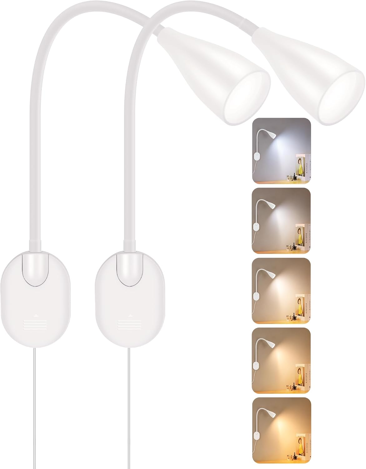 2 Pack LED Wall Mounted Bedside Reading Light, 3 Color Modes,10 Brightness Dimmable, USB Charging Port, Memory Timer Adhesive Wall Light Night Lamp for Books in Bed, Eye-Caring Bedroom Lighting White