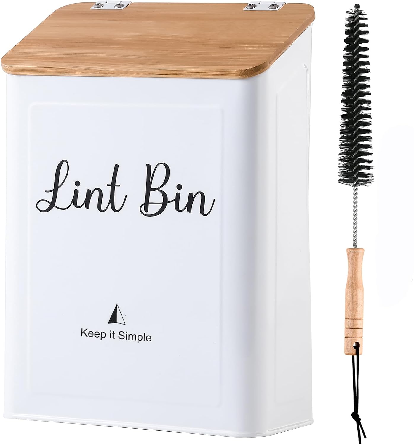 SUBEKYU Magnetic Lint Bin for Laundry Room Organization and Storage,White | Wall Mounted Metal Lint Box Holder Trash Can with Bamboo Lid for Dryer,Lint Basket for Laundry Room Decor