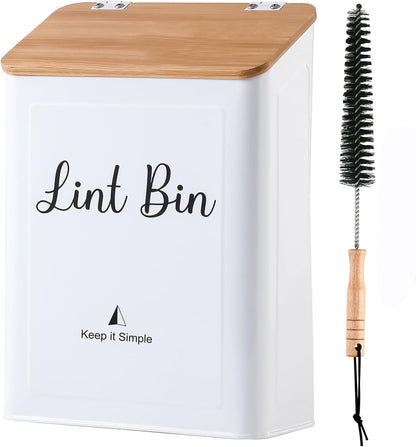 SUBEKYU Magnetic Lint Bin for Laundry Room Organization and Storage,White | Wall Mounted Metal Lint Box Holder Trash Can with Bamboo Lid for Dryer,Lint Basket for Laundry Room Decor