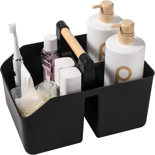 rejomiik Plastic Shower Caddy, Portable Basket with Bamboo Handle, White | Cleaning Caddy Organizer Tote for Bathroom, College Dorm Essentials, Bath Toy Storage, Cleaning Supplies
