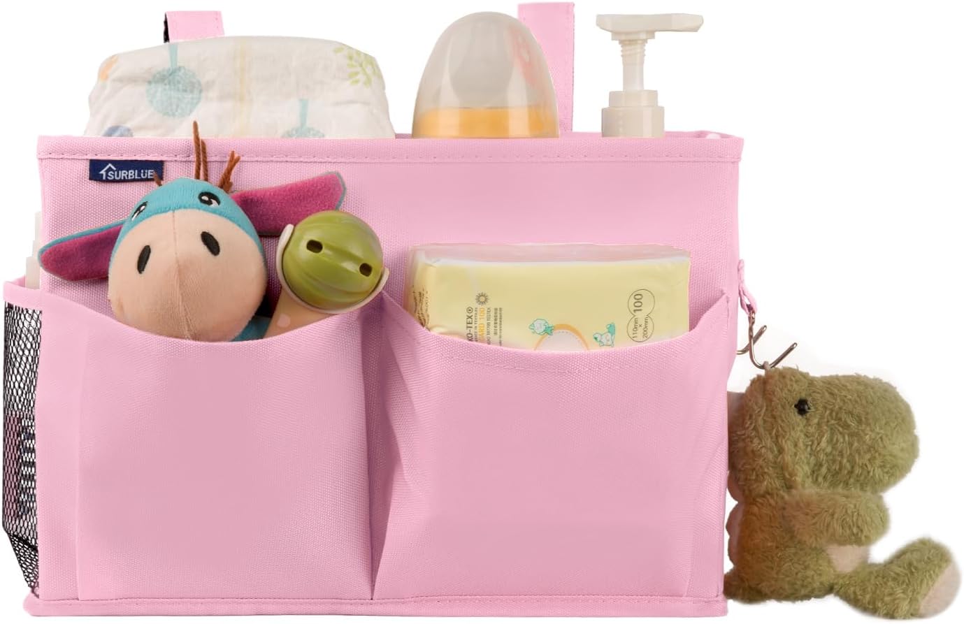 Surblue Bedside Caddy Hanging Organizer Storage Bag Pocket for Bunk, Hospital, College Dorm Rooms, Baby Bed Rails, Camp - 4 Pockets, 2 Hooks (Blue)
