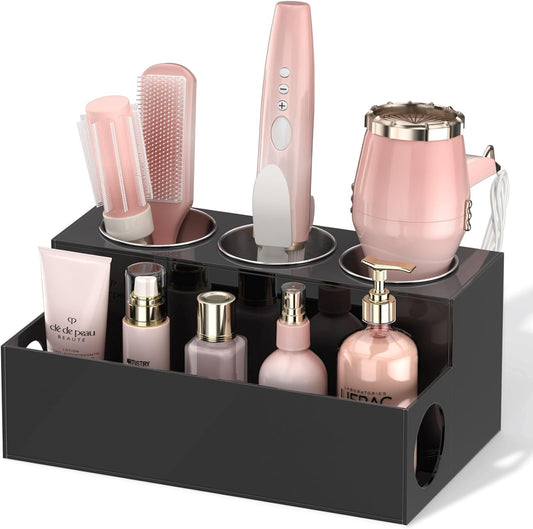 NIUBEE Acrylic Hair Tool Organizer,Hair Dryer Holder Countertop with 3 Cups | Clear, Hot Tools Organizer, Hair Blow Dryer Organizer for Curling Iron, Brush, Straightener, Makeup,Skincare,Vanity, Bathroom