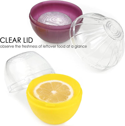 Onion Tomato Keeper for Refrigerator, Reusable, Dishwasher-safe | 2 Pack Food-shape Storage Saver Container for Leftover Vegetables, Clear Lid Easy Clean