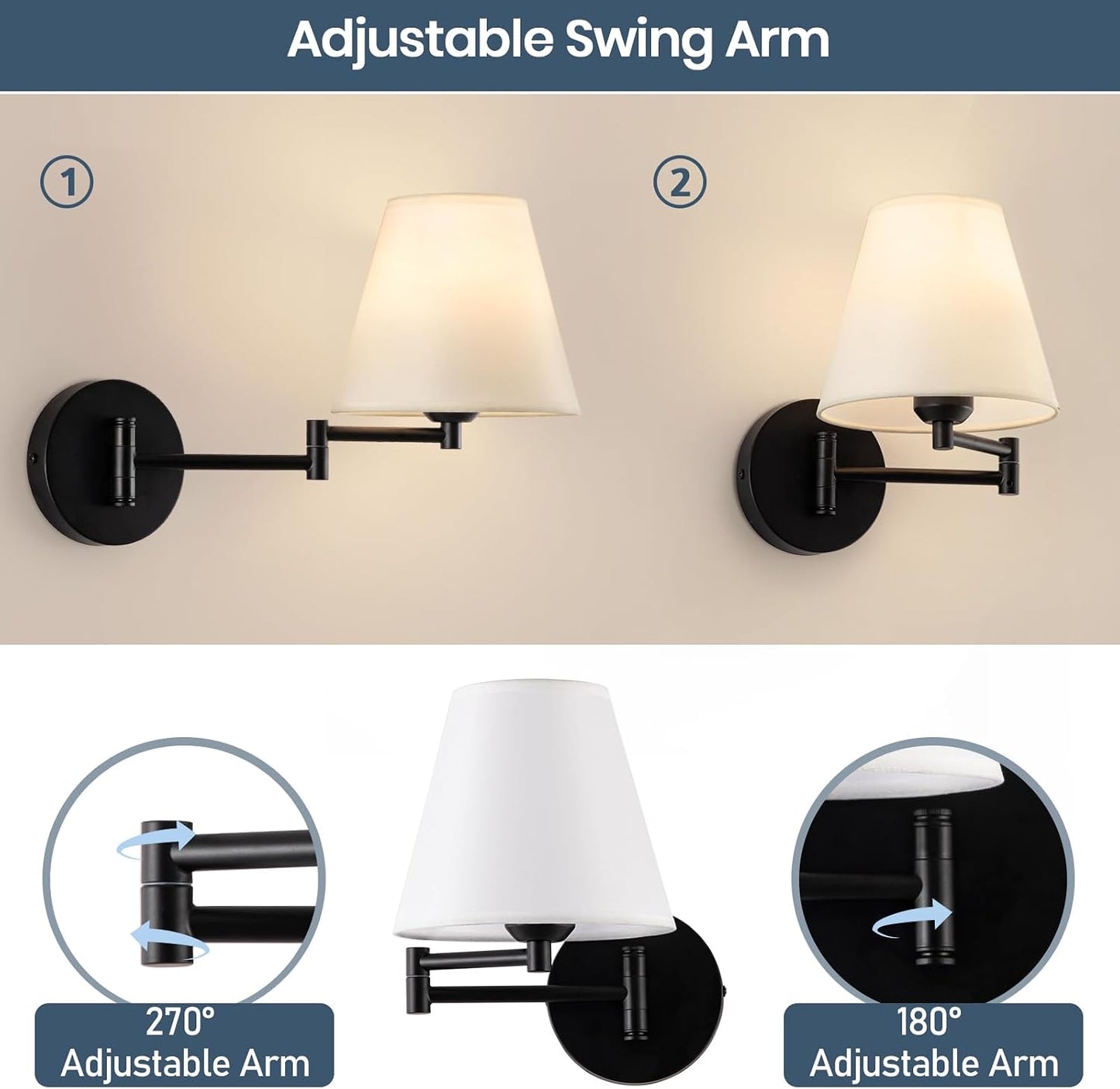 Cordless Battery Operated Wall Sconces Set of 2, Black Swing Arm Wall Sconce, Rechargeable Wall Mounted Reading Light Bedside Wall Lamp, Wireless Wall Sconce Fixtures for Bedside, Hallway, Study