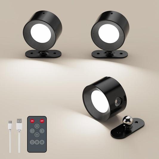 LED Wall Sconces, Battery Operated Wall Lights for Bedroom Bedside, Cordless Sconces with Remote & Touch Control, 360° Magnetic Rotation & Rechargeable, 3 Color Modes Dimmable (Black)