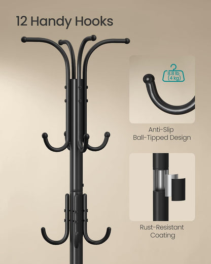 SONGMICS Coat Rack Freestanding Metal Coat Rack Stand with 12 Hooks | Coat Rack with Umbrella Holder