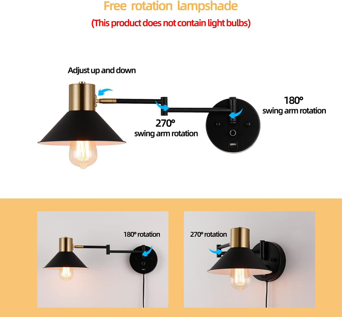 Swing Arm Wall Lamp Plug in Wall Sconces Adjustable Vintage Industrial Reading Light Bedside Wall Mount Light with Dimmable Switch and USB Port Black