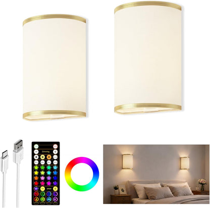 EZVALO Battery Operated Wall Sconce, Rechargeable Wall Sconces Set of Two with Remote, Peel and Stick Wireless Wall Lights, 3 Color & 80 RGB, Dimmable, Timer, Fabric Linen Wall Mount Lamp for Bedroom