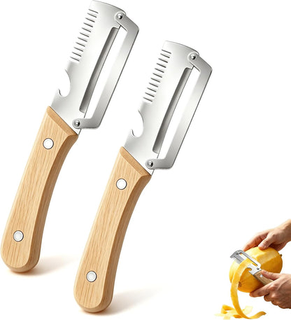 2 Pack Multifunctional Vegetable Peeler, 3 in 1 Kitchen Peeler with Bottle Opener and Wooden Handle, Kitchen Gadgets Tool for Fruit Pumpkin Peeling Potato Carrot Veggie Peeler
