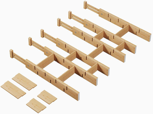 Bamboo Drawer Dividers 8 Pack with Inserts, Kitchen Adjustable Drawer Organizers for Home, Bedroom, Dresser, Expandable Organization 8 Dividers with 16 Inserts