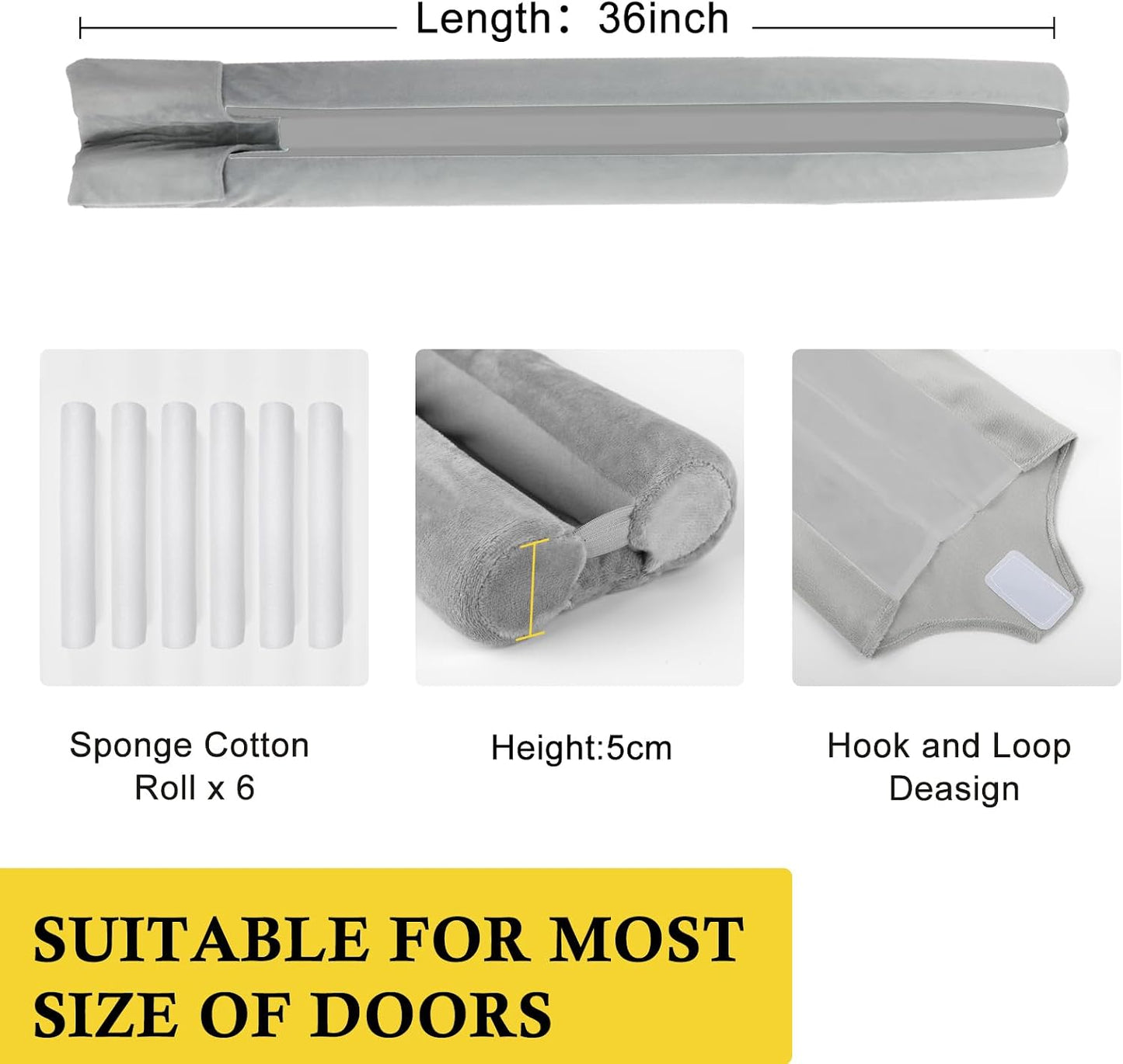 fowong Door Draft Stopper, 36" Adjustable Under Door Noise Stopper, Grey | Durable Door Draft Blocker Helps to Seal Door Gaps, Reduce Drafts, Noise, Dust & Light, Fit Doors 30"–36", Easy to Install