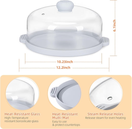 2 in-1 Glass Microwave Cover for Food-10.23” Tempered Glass Microwave Splatter Cover & Food Grade Silicone Tray with Anti-Scald Handles,Tall Glass Plate Guard with Vent Holes-BPA Free,Dishwasher Safe