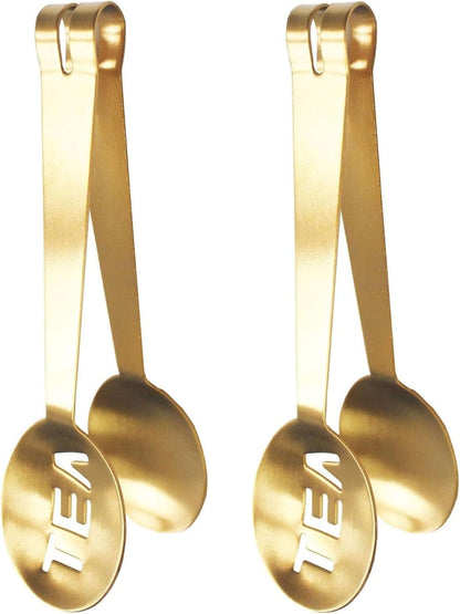 Golden Tea Bag Squeezer (Pack of 2), Stainless Steel Oval Tea Bag Squeezer Tongs, Tea Filter Clamp Tea Strainer Holder Clip, Suitable for Gripping Ice Cube, Sugar and Lemon Slice