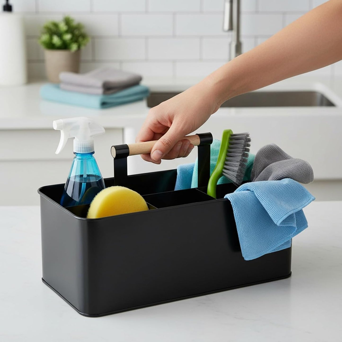 Cleaning Caddy with Handle, Black Metal Supply Organizer | Metal body, 12.8 in caddy, bathroom and under sink storage, wooden handle, divided layout, smooth rounded edges