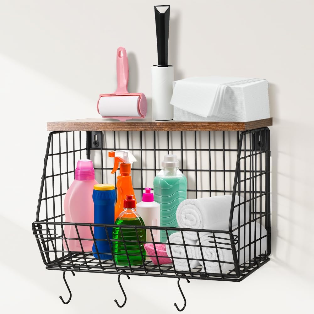Picowe Laundry Room Shelves Wall Mounted, Metal Basket with Wood Lid (S) | Stackable & wall-mountable. Rust-resistant steel. Wooden top stores dryer sheets & lint rollers. Fits over washer/dryer.