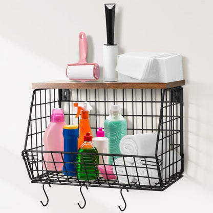 Picowe Laundry Room Shelves Wall Mounted, Metal Basket with Wood Lid (S) | Stackable & wall-mountable. Rust-resistant steel. Wooden top stores dryer sheets & lint rollers. Fits over washer/dryer.