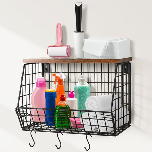 Picowe Laundry Room Shelves Wall Mounted, Metal Basket with Wood Lid (S) | Stackable & wall-mountable. Rust-resistant steel. Wooden top stores dryer sheets & lint rollers. Fits over washer/dryer.