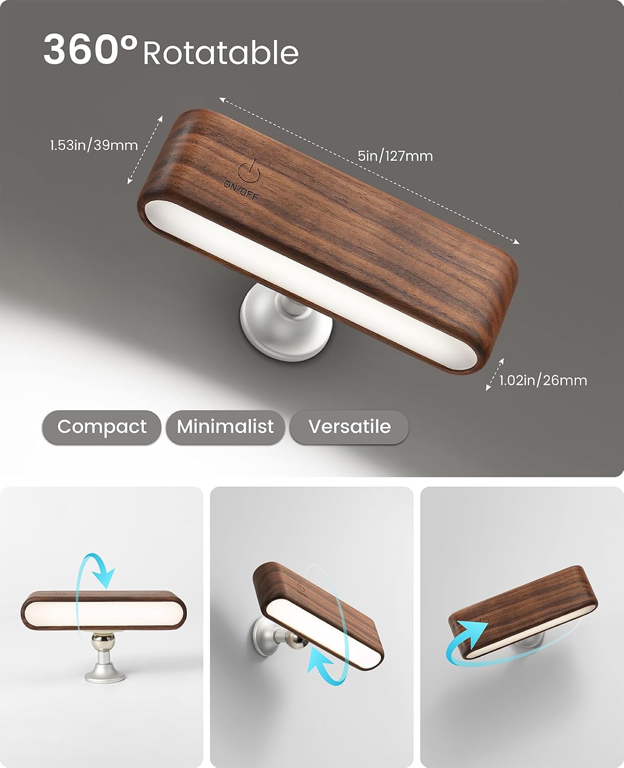 Rechargeable Wall Sconce, Reading Light for Bed, Magnetic Wood Lamp | Set of 2, Black Walnut, Touch Control, Adjustable Brightness, 4000K Nautral Light for Reading, Headboard Light, 360° Rotation