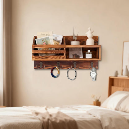 Solid Wood Key and Mail Holder for Wall, Brown | Farmhouse Entryway Organizer with Shelf, For Keys, Wallet, Dog Leash