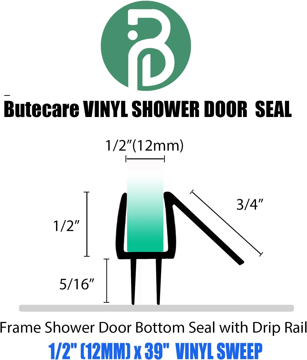 Butecare Premium Frameless Shower Door Bottom Seal Strip for Glass Doors - Shower Door Seal Sweep (1/4”x 39”, Clear Vinyl)