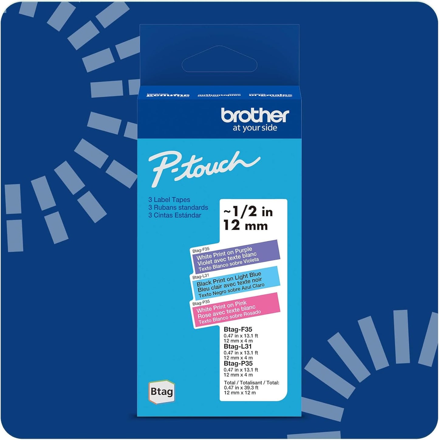 Brother Genuine P-Touch Btag BTAG231 Black on White Label Tape ~1/2in by 13.1ft (12mm x 4m). (Works Only with Brother PT-N10, PT-N20, PT-N25BT Label Makers)