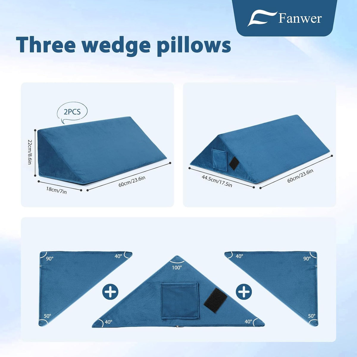 Fanwer Positioning Wedge Pillow for Side Sleeping (3 in 1), 40 Degree Triangle Bed Wedges & Body Positioners for Back Pain, Preventing Bedsores, After Surgery, Knees Elevated, Pregnancy