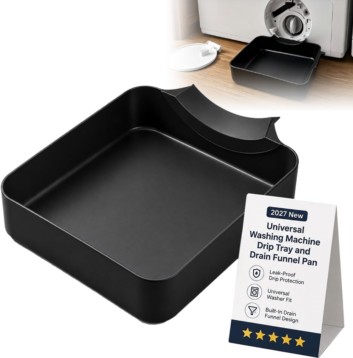 Universal Washing Machine Drip Tray Front Load Washer Drain Funnel Pan | Water Catch Tray for Basements, Apartments, Mobile Homes, Garages, Rentals and Laundry Room(Black)