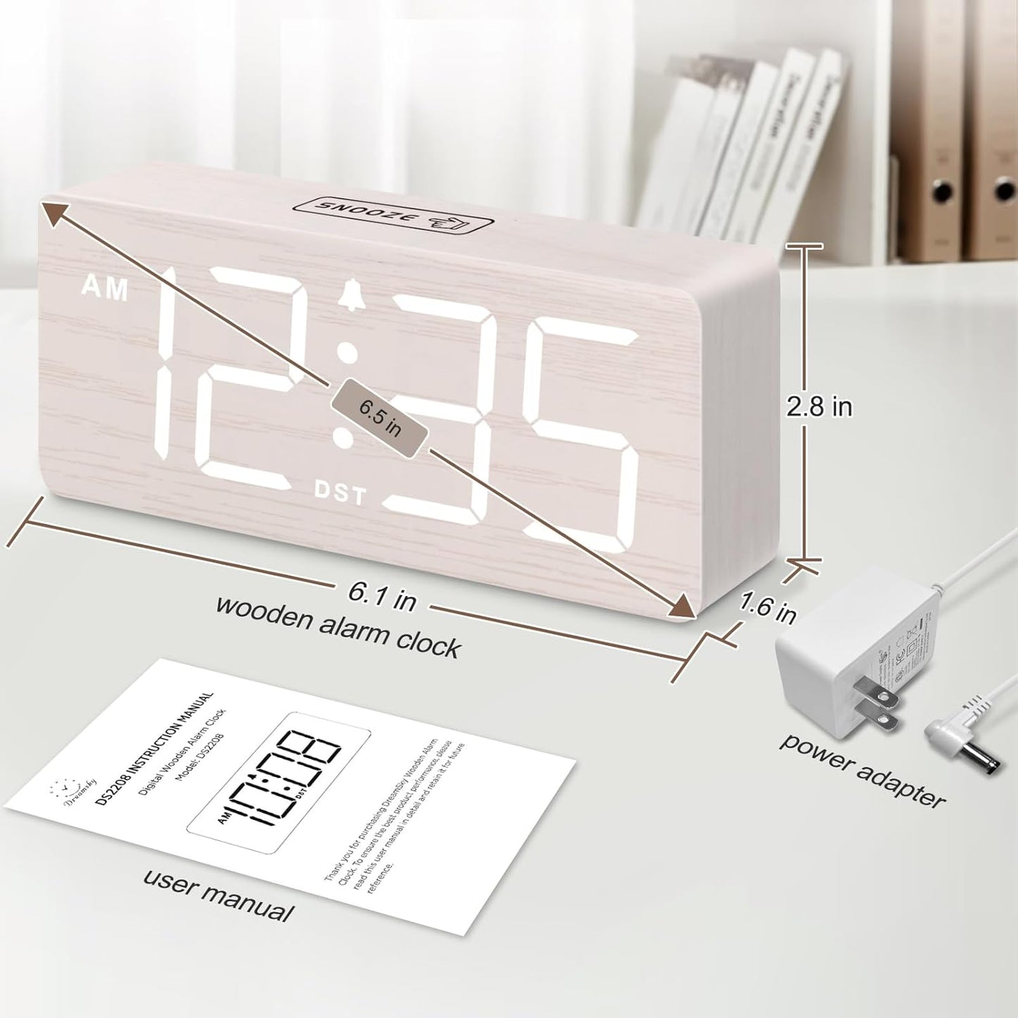 DreamSky Wooden Digital Alarm Clock for Bedroom with Large Numbers | Desk Clock for Living Room Office, Loud Alarm for Heavy Sleepers Adults, Volume Control, Dimmer, DST, Wood Decor (Plug-in)