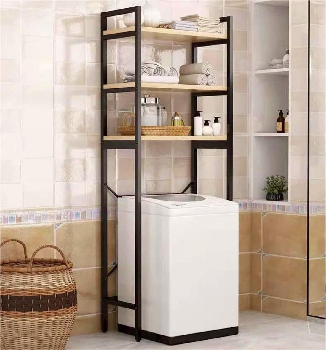 3 Tiers Over The Washer and Dryer Storage Shelf, Bathroom Rack Shelf with Adjustable Feet Freestanding Storage Rack Wood Laundry Shelf Organizer Black for Bathroom