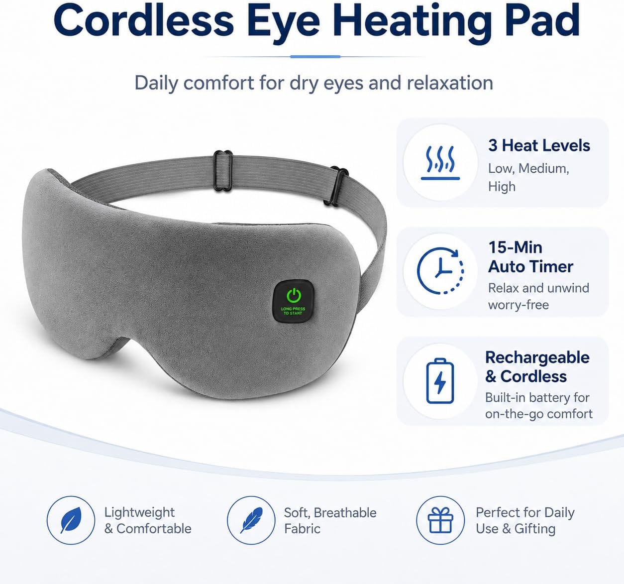 Cordless Heated Eye Mask for Dry Eyes, Rechargeable Eye Heating Pad with Replaceable Shell, Soft Electric Heated Eye Mask for Eye Comfort, Relaxation, Sleep and Travel
