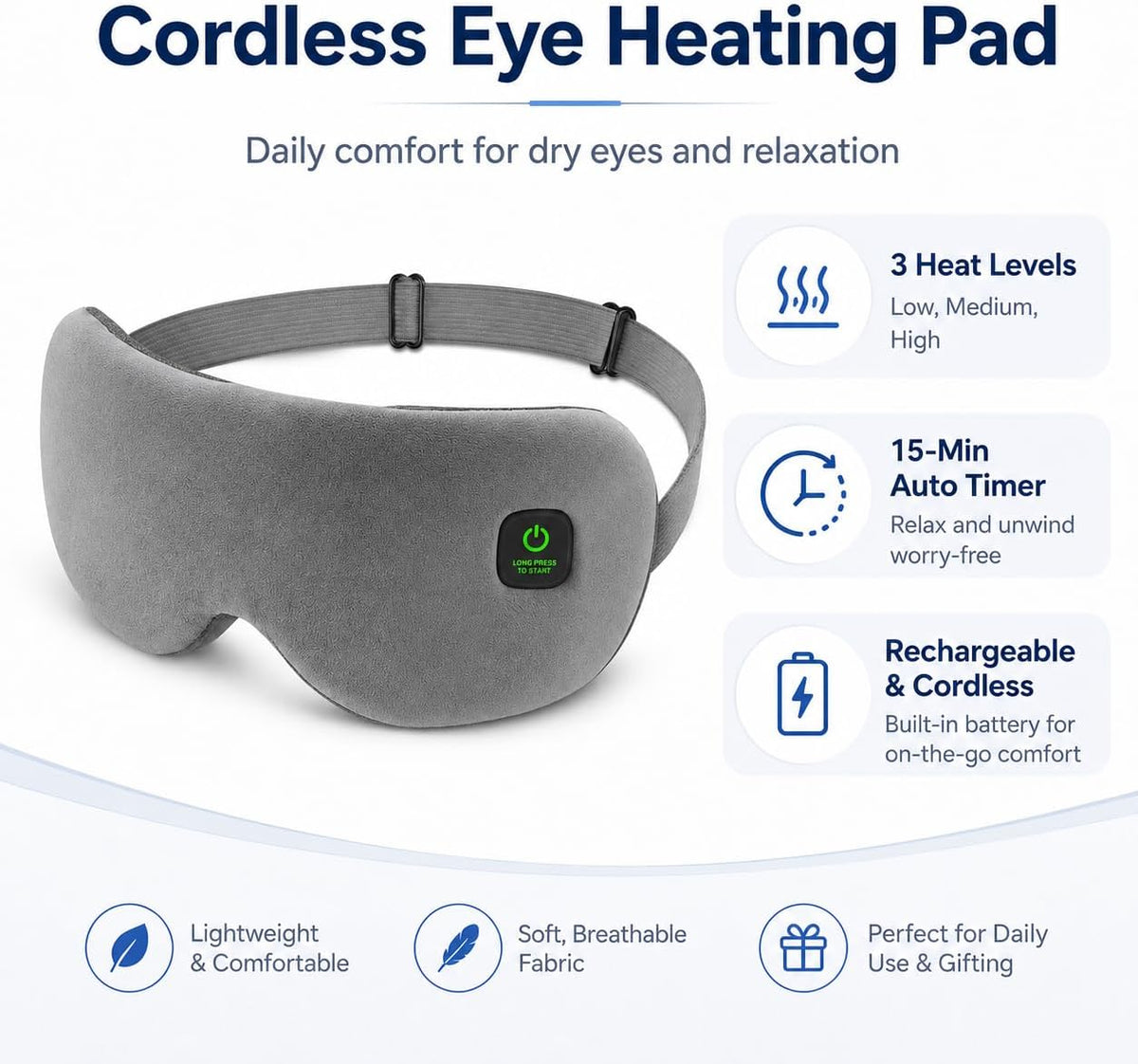 Cordless Heated Eye Mask for Dry Eyes, Rechargeable Eye Heating Pad with Replaceable Shell, Soft Electric Heated Eye Mask for Eye Comfort, Relaxation, Sleep and Travel