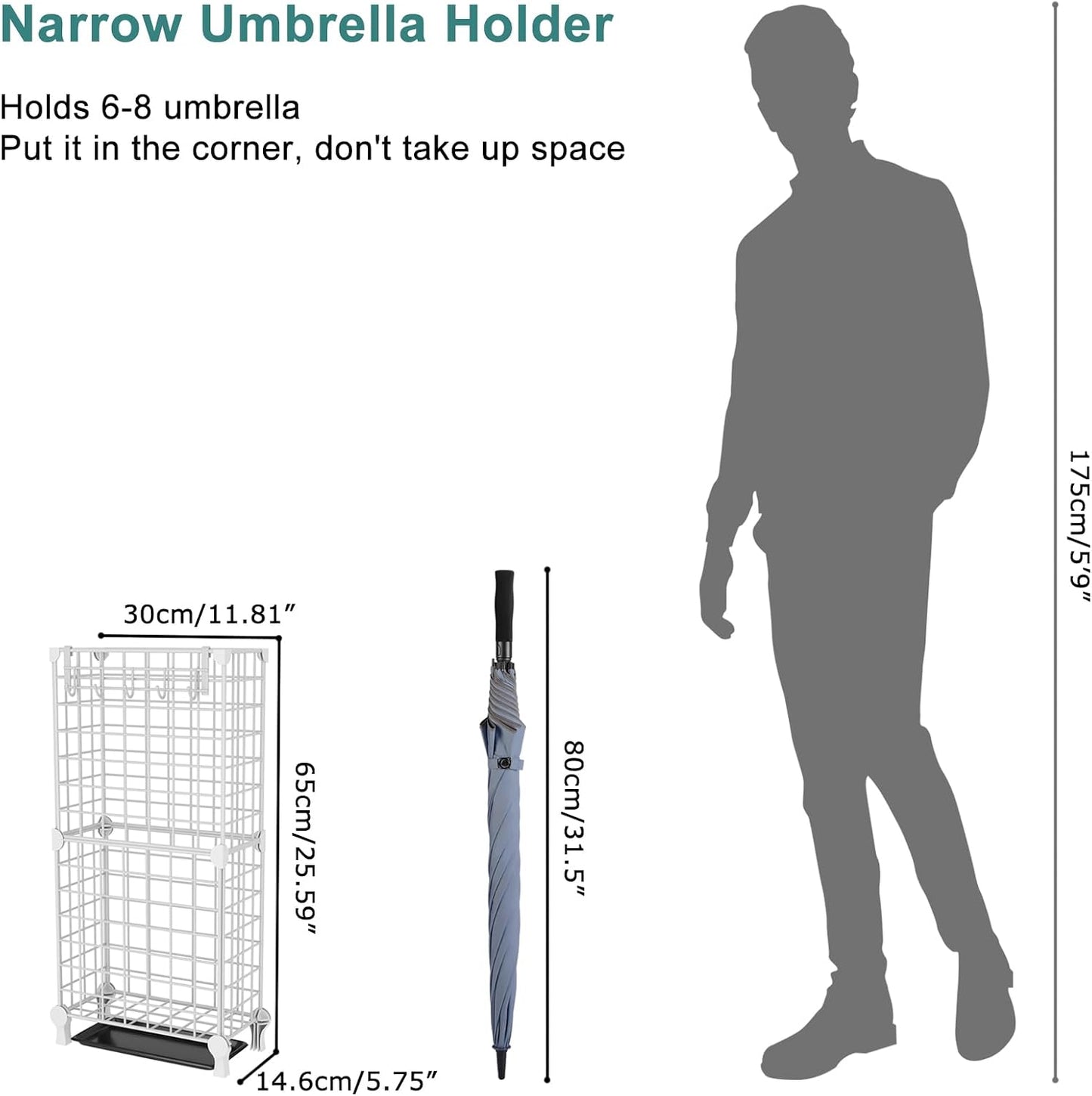 AWTATOS Umbrella Holder Entryway, Umbrella Stand Freestanding, Black | Metal Square Umbrella Rack Organizer with a Removable Drip Tray, Hooks