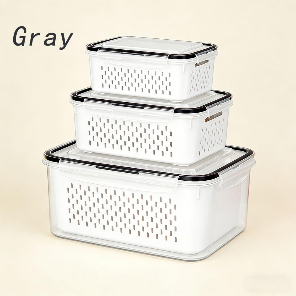 Fruit Storage Containers for Fridge with Removable Colanders, Household Transparent Plastic Food Storage Box-Including Drain Basket, 4 in 1 Food Storage Container, Vegetable Storage (Gray, S+M+L)