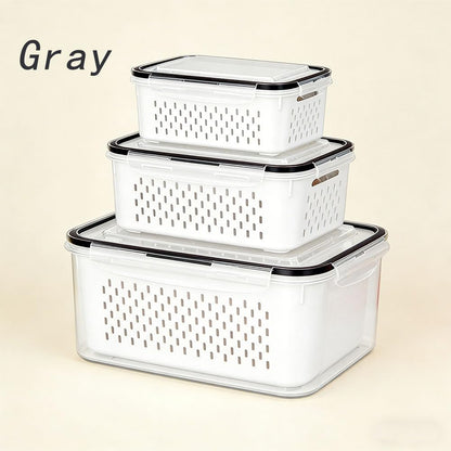 Fruit Storage Containers for Fridge with Removable Colanders, Household Transparent Plastic Food Storage Box-Including Drain Basket, 4 in 1 Food Storage Container, Vegetable Storage (Gray, S+M+L)