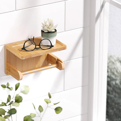 VERTORGAN 1 Pack Bamboo Toilet Paper Holder with Phone Shelf(Brown) | Bathroom Tissue Holder,Wall Mounted Rack,Space-Saving Organizer,Phone Shelf Stand,Easy Installation,Toilet Paper Rack