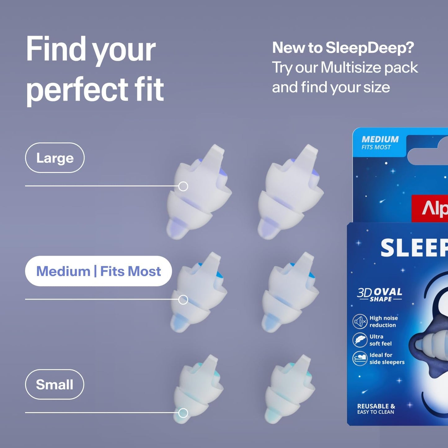 Alpine SleepDeep Earplugs for Sleeping – Side Sleepers & Snoring – Ultra-Soft Noise Reducing Earplugs – 27dB SNR – Hypoallergenic, Silicone-Free – 2 Pairs (S + L)